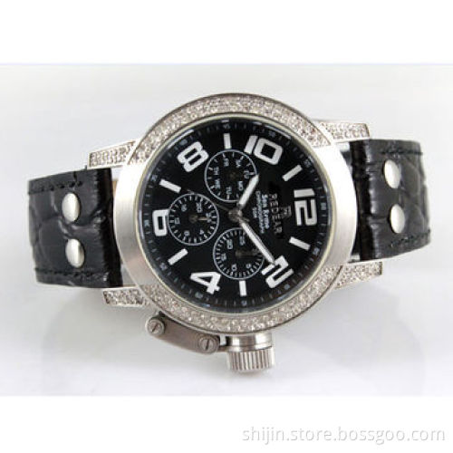 Three-eye Stainless Steel Watch with Genuine Leather Band for Men